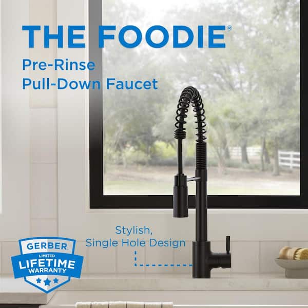 The Foodie Satin Black 21 in. Single Handle Pre-Rinse Spring Pull Down Sprayer Kitchen Faucet with 360-degree Swivel