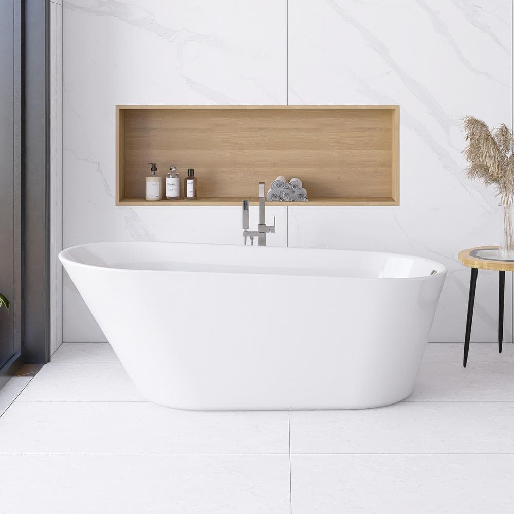Glossy White Acrylic Freestanding Oval Soaking Bathtub