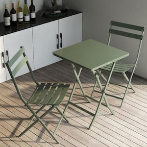3-Piece Metal Patio Bistro Set of Foldable Square Table and Chairs, Durable and Sturdy, Clean Design, Dark Green