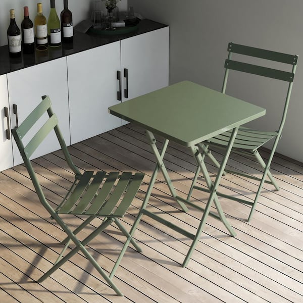 Unbranded 3-Piece Metal Patio Bistro Set of Foldable Square Table and Chairs, Durable and Sturdy, Clean Design, Dark Green
