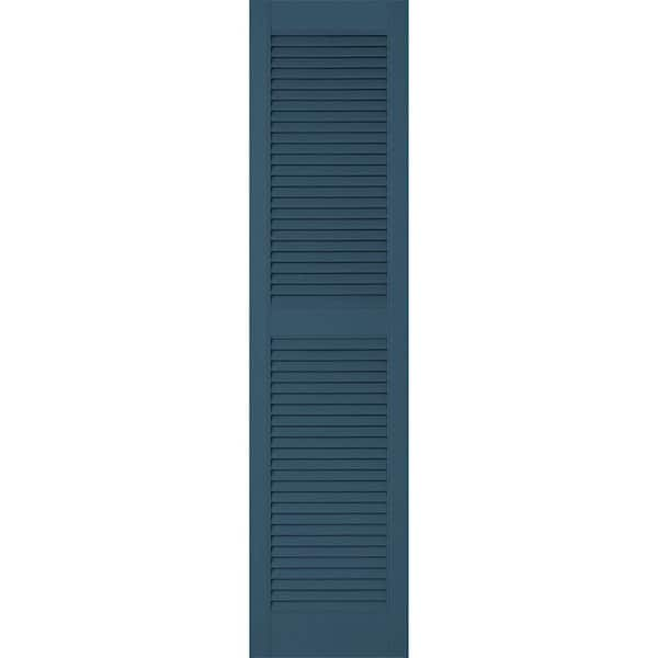 Ekena Millwork 12 in. x 86 in. Lifetime Vinyl Custom Straight Top Center Mullion Open Louvered Shutters Pair Classic Blue