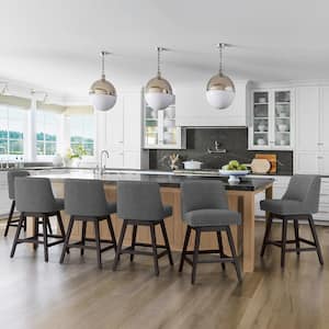 Hampton 26 in. Solid Wood Charcoal Gray Swivel Bar Stools with Back Linen Fabric Upholstered Counter Bar Stool Set of 6