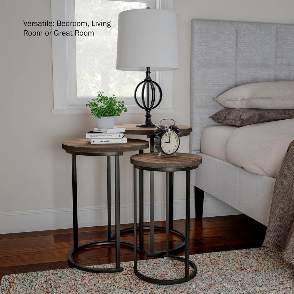 Gray Oak and Black Metal Round Nesting Tables Set of 3