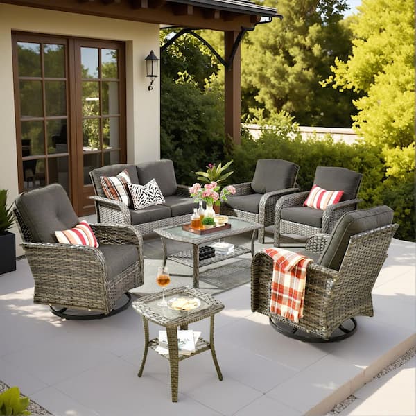 Toject Denali Gray 7-Piece Modern Wicker Patio Conversation Sofa Seating Swivel Rocking Chairs Set with Black Cushions