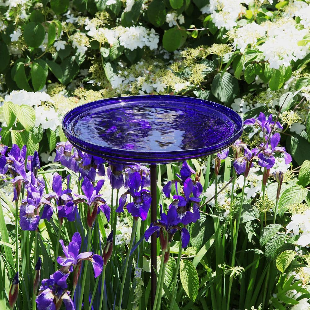 Cobalt Blue Hand Blown Glass Birdbath with Iron Stake