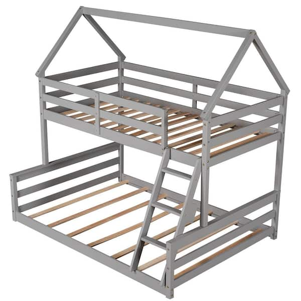 VERYKE Gray-b Wood Twin Over Full House Bunk Bed with Built-in Ladder  DB-WF287558AAE - The Home Depot