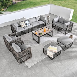 11-Piece Wicker Patio Conversation Deep Seating Set with Gray Cushions