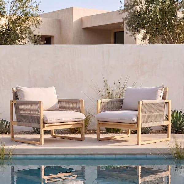 Nivro Patio Light Teak Finish Solid Wood and Grey Rope Woven Outdoor Lounge Chairs with Beige Cushions, Set of 2