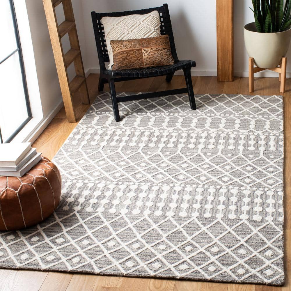 Grey Ivory Hand Tufted Wool Floral Area Rug
