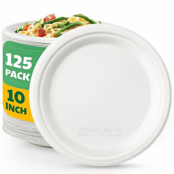 10 in. White White Family Disposable Bagasse Paper Dinner Plates Heavy Duty Biodegradable Compostable 125 Pack