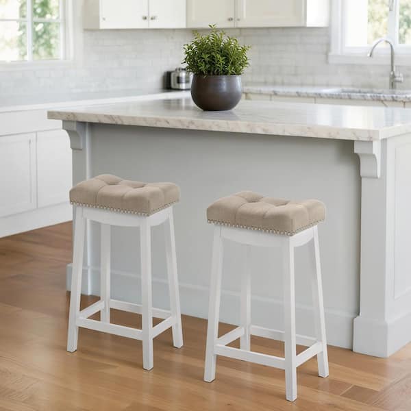 Barstow 24 in. White Bar Stools with Beige/Tan fabric cushion (Set of 2)