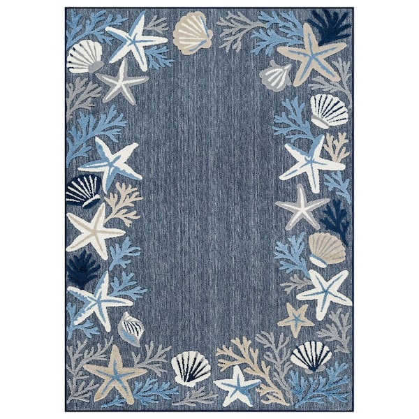 Coastal Border Design Indoor/Outdoor High-Low Textured Area Rug, Coastal Border, Easy-Clean Patio Rug 4' x 6' Navy