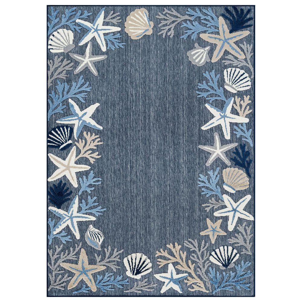 Coastal Border Design Indoor/Outdoor High-Low Textured Area Rug, Coastal Border, Easy-Clean Patio Rug 6' x 9' Navy