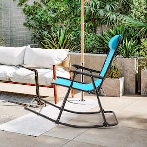 Turquoise Metal Folding Zero Gravity Outdoor Rocking Chair with Headrest