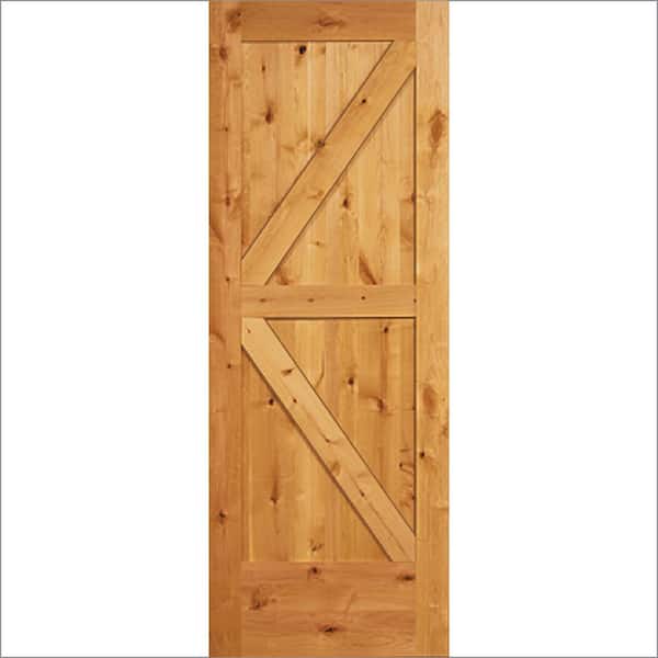 Steves & Sons 30 in. x 84 in. Unfinished Knotty Alder K Frame Interior Sliding Barn Door with Black Hardware Kit