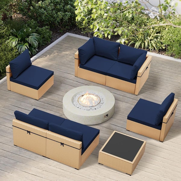 PATIOGUARDER 8-Piece Rattan Patio Conversation Set with Cushions and 42 in. Outdoor Round Fire Pit Table, Navy Blue Cushions