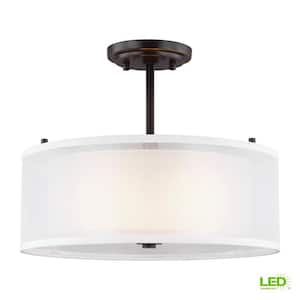 Elmwood Park 15 in. 2-Light Bronze Modern Transitional Semi-Flush Mount with Off White Organza Silk Shade and LED Bulbs