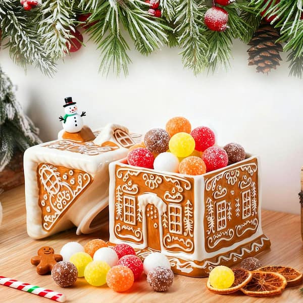 Numhew 1 Piece Brown and White Ceramic 9.3 in. Gingerbread House