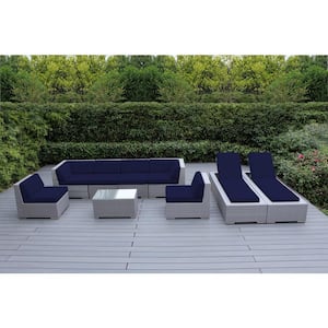 Gray 9-Piece Wicker Patio Combo Conversation Set with Sunbrella Navy Cushions