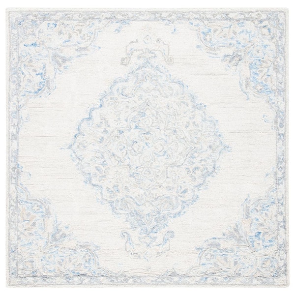 SAFAVIEH Micro-Loop Ivory/Blue 5 ft. x 5 ft. Medallion Oriental Square Area Rug