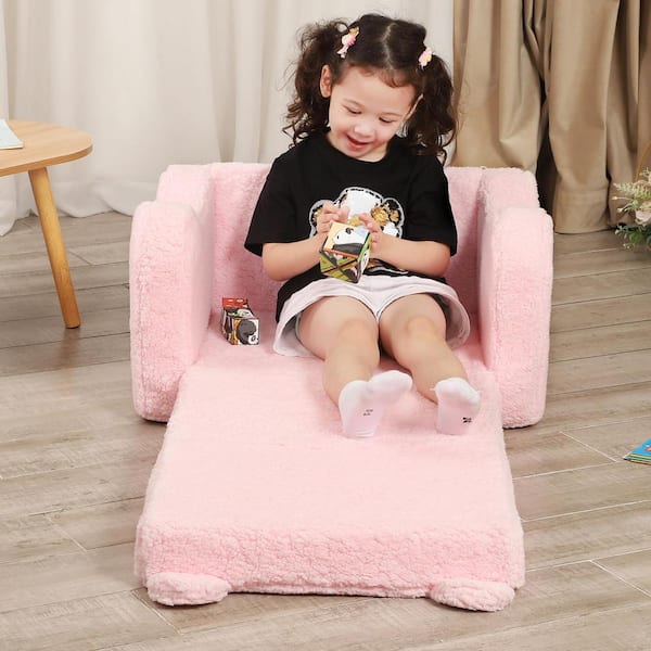 Angel Sar Pink Polyester 2-in-1 Kids Sofa Chairs, Teddy Bear
