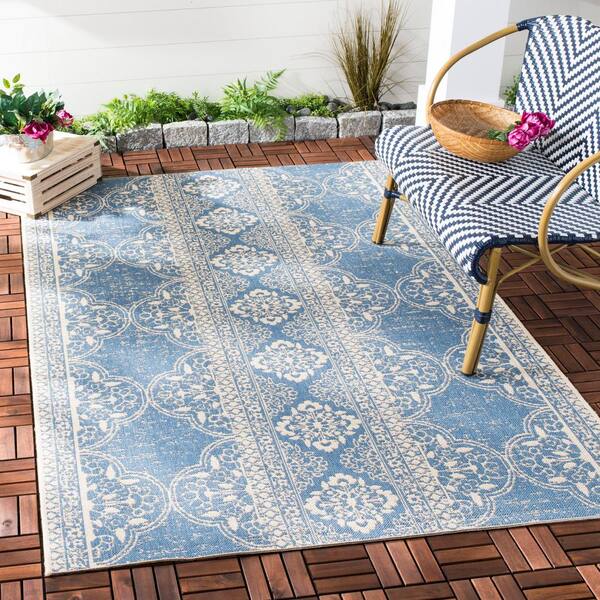 Beach House Cream/Blue 3 ft. x 5 ft. Damask Floral Indoor/Outdoor Area Rug