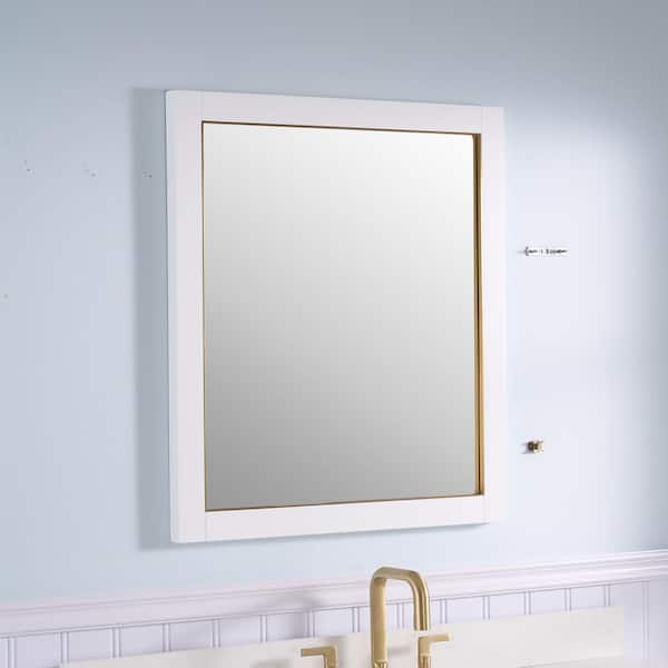 WELLFOR 28 in. W x 32 in. H Rectangular Wood Framed Beleved Wall Bathroom Vanity Mirror in White, Vertical Horizontal Hanging