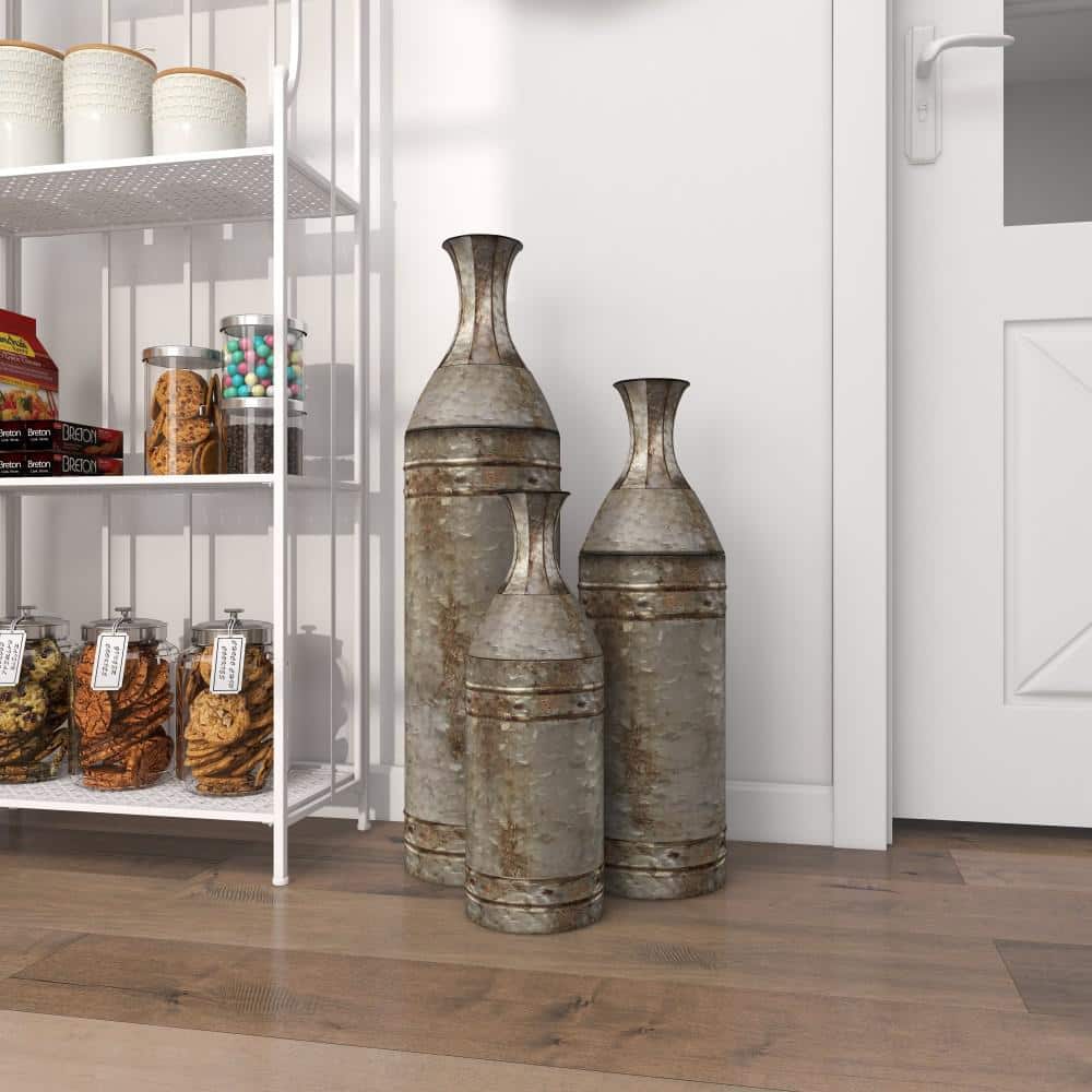 Galvanized Metal Cylinder Floor Vases, Set of 3, Farmhouse Decor