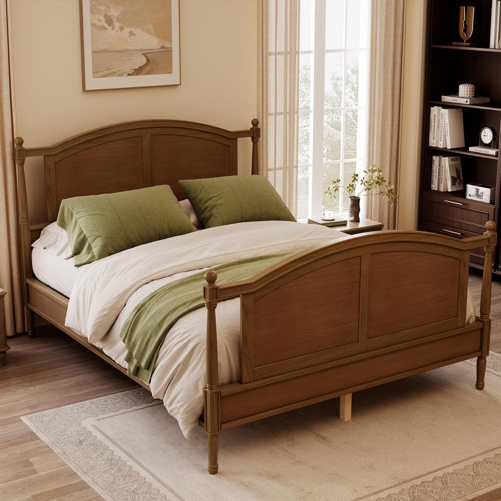 Traditional Walnut Brown Wooden Frame Queen Size Platform Bed with Arched Headboard and Footboard