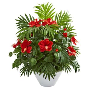 Indoor Hibiscus and Areca Palm Artificial Plant in White Bowl