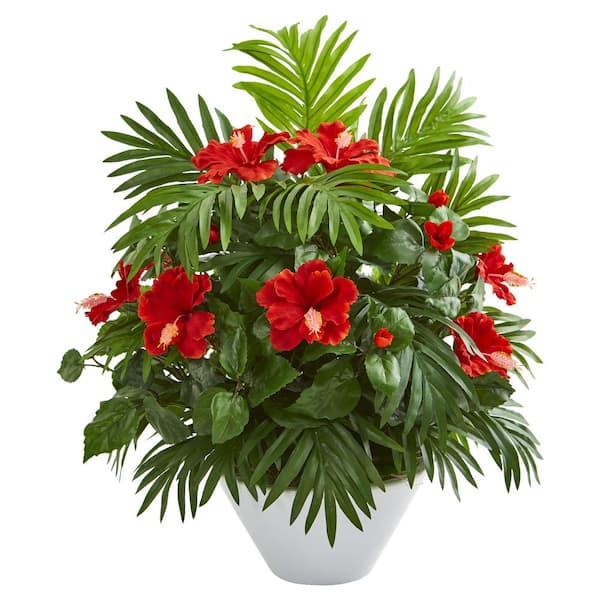 Nearly Natural Indoor Hibiscus and Areca Palm Artificial Plant in White Bowl