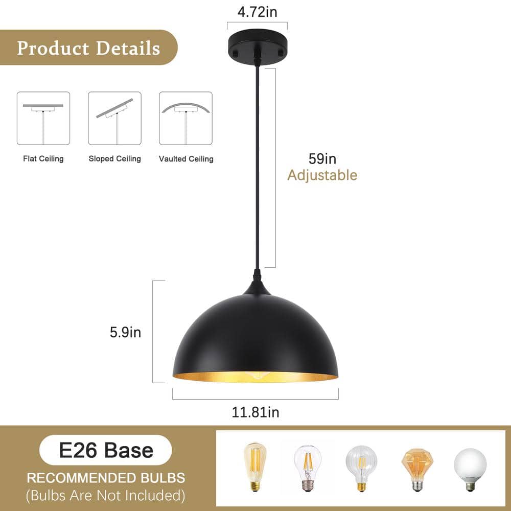 Black Metal Dome Pendant Light with Adjustable Height