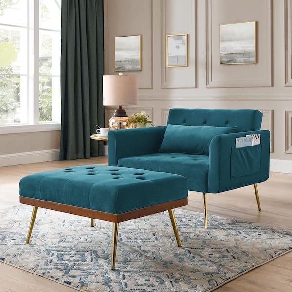 Blue Accent Chair with Ottoman Set Fabric Sofa Armchair Wood Legs with Foot  Stool XS-W109550437 - The Home Depot