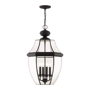Aston 25.5 in. 4-Light Black Dimmable Outdoor Pendant Light with Clear Beveled Glass and No Bulbs Included