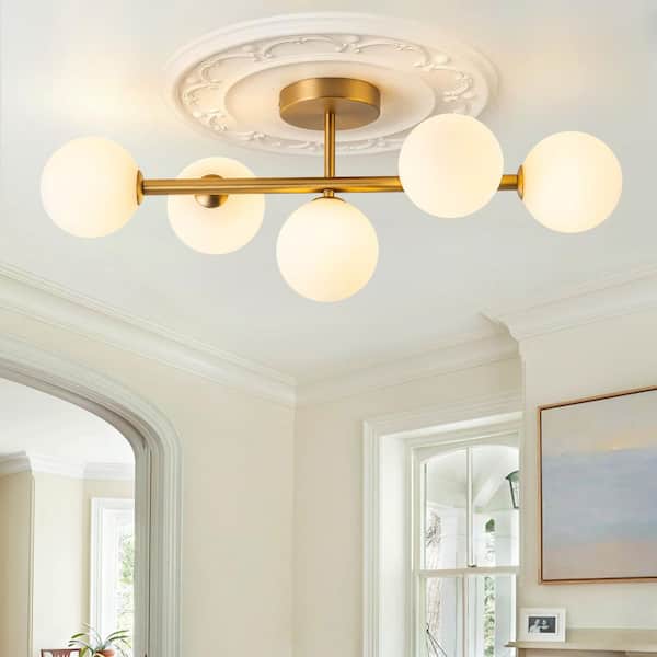 Lucie 26.38 in. 5-Light Gold Modern Linear Semi-Flush Mount Ceiling Light with Globe Glass Shades