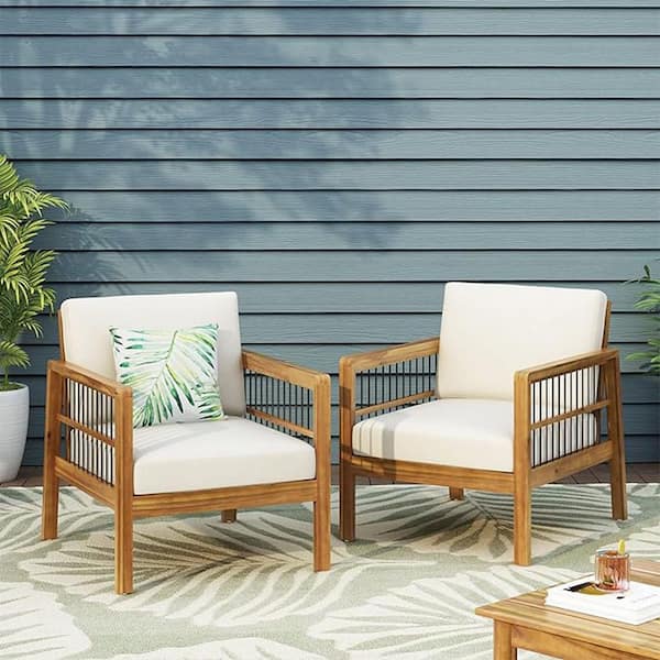 (Set of 2) Brown Acacia Wood Outdoor Club Lounge Chair Deep Seating with Beige Soft Cushion for Garden