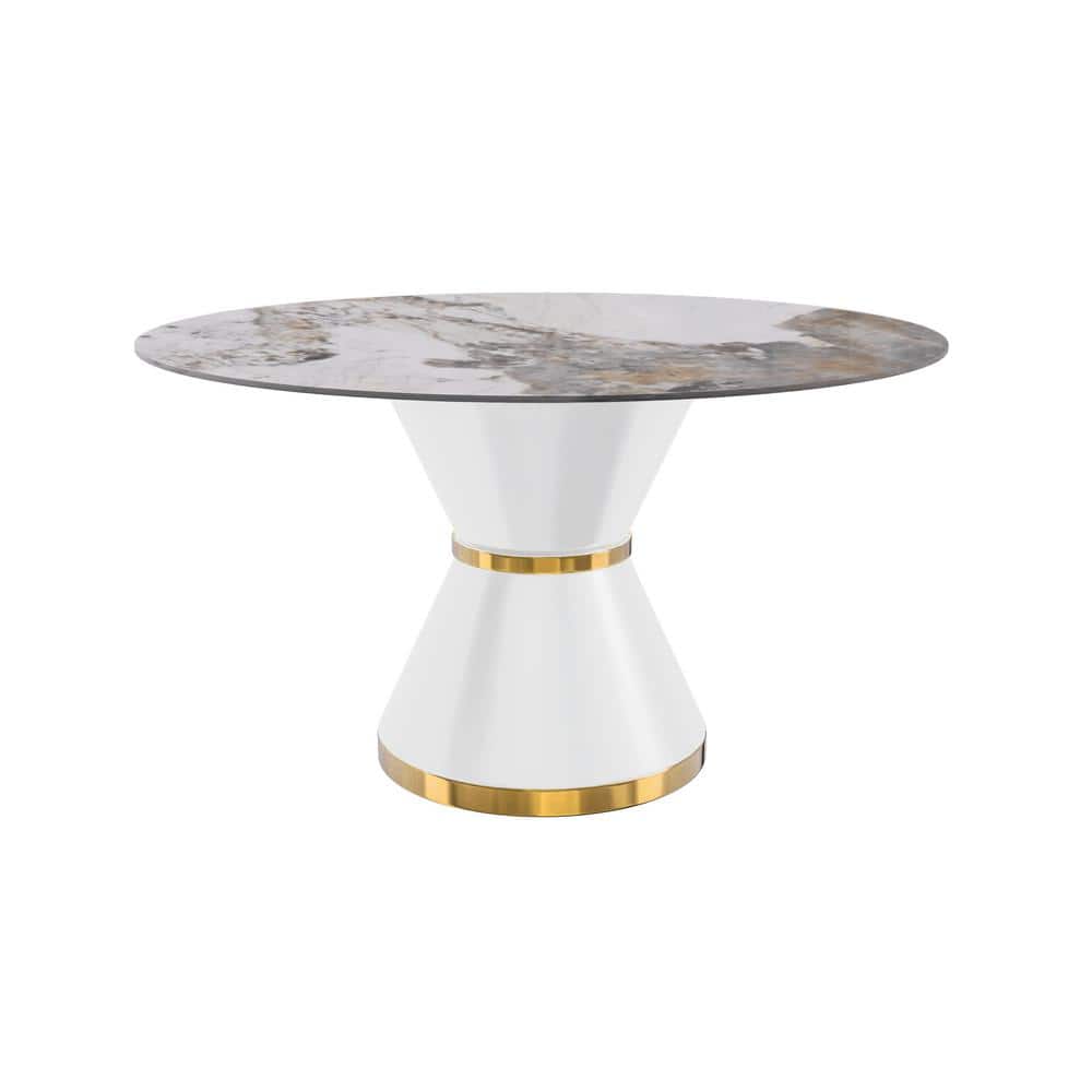 Modern Round White and Gold Dining Table with Glass Top for Six