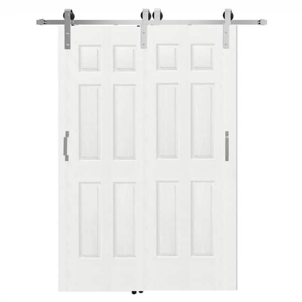 TENONER 56 in. x 80 in. 6-Panel Hollow Core White Primed MDF, Wood Bypass Barn Door Slab with Nickel-plated Hardware Kit Set