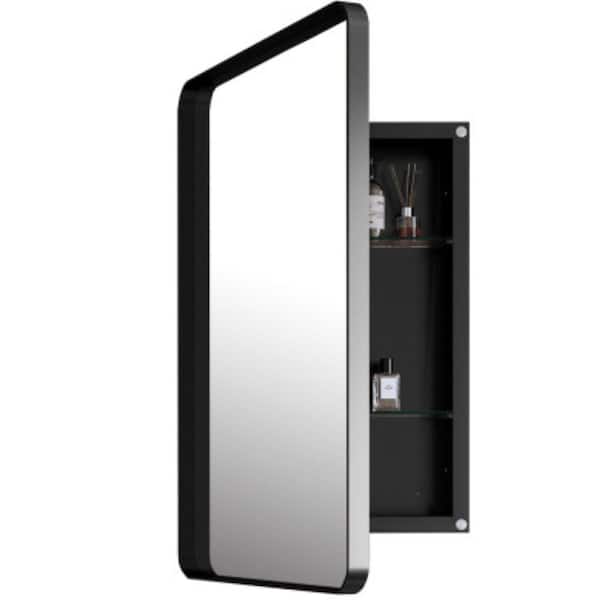 7 in W x 24 in H Rectangular Metal Framed Medicine Cabinet with Mirror and Adjustable Shelves in Black