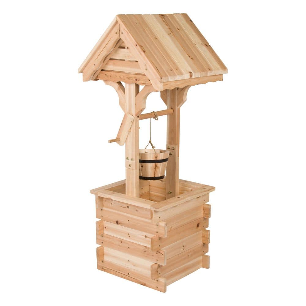Natural Cedar Wood Outdoor Wishing Well Planter with Hanging Bucket