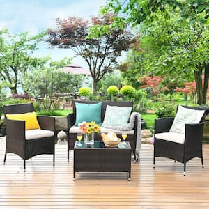 4-Piece Patio Rattan Conversation Set Outdoor Wicker Furniture Set with Tempered Glass in Beige/Tan Cushion
