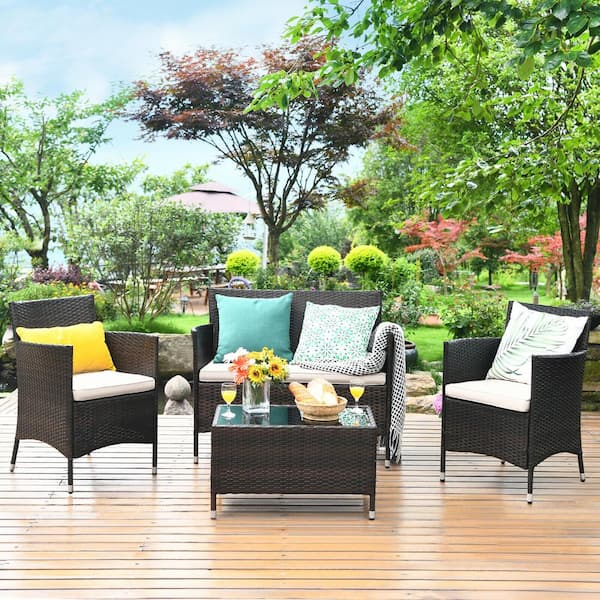 Costway 4-Piece Patio Rattan Conversation Set Outdoor Wicker Furniture Set with Tempered Glass in Beige/Tan Cushion