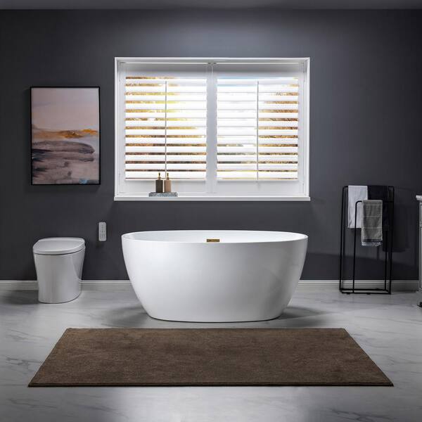 Livingston 55 in. Acrylic FlatBottom Double Ended Bathtub with Brushed Gold Overflow and Drain Included in White