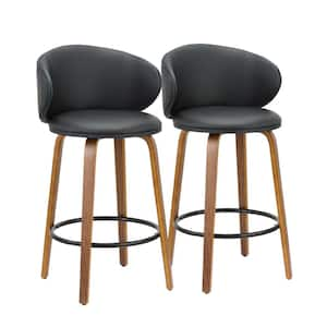 26 in. Black Low Back Metal Counter Height Bar Chair with Faux Leather Seat Set of 2