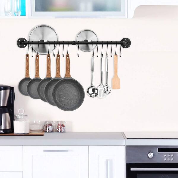 39.4 in. Black Wall Mounted Detachable Pot Rack Hanging Pot Rack with 16 Hooks for Kitchen Wall Pan Lid Utensils Storage