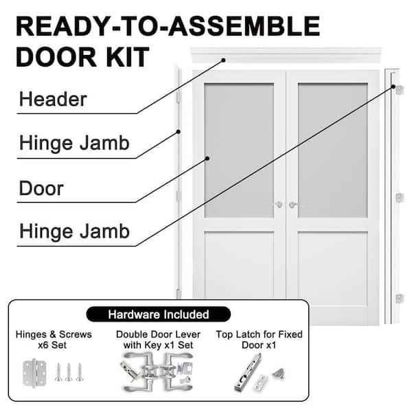 60 in. x 80 in. 1/2-Lite Frosted Glass White Solid Core Wood Double French Door with Quick Assemble Jamb