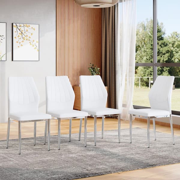 White/Silver Breathable PU Leather Dining Chairs Set of 4