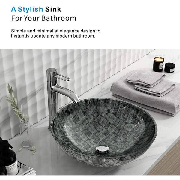 EPOWP - Artistic Gray Glass Round Vessel Sink with Pop-Up Drain
