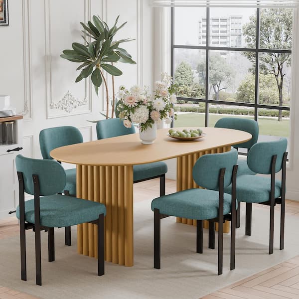 7-Pieces Oval Natural Wooden Top Dining Table Set 6-Seats with Metal Frame, Green Fabric Cushion Wing Back Chair