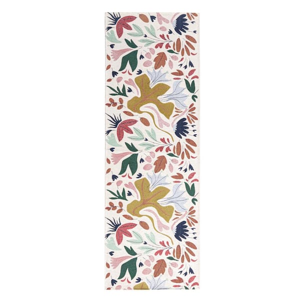 TOWN & COUNTRY LIVING Luxe Livie Floral Drip Cream 24 in. x 72 in. Machine Washable Runner Kitchen Mat